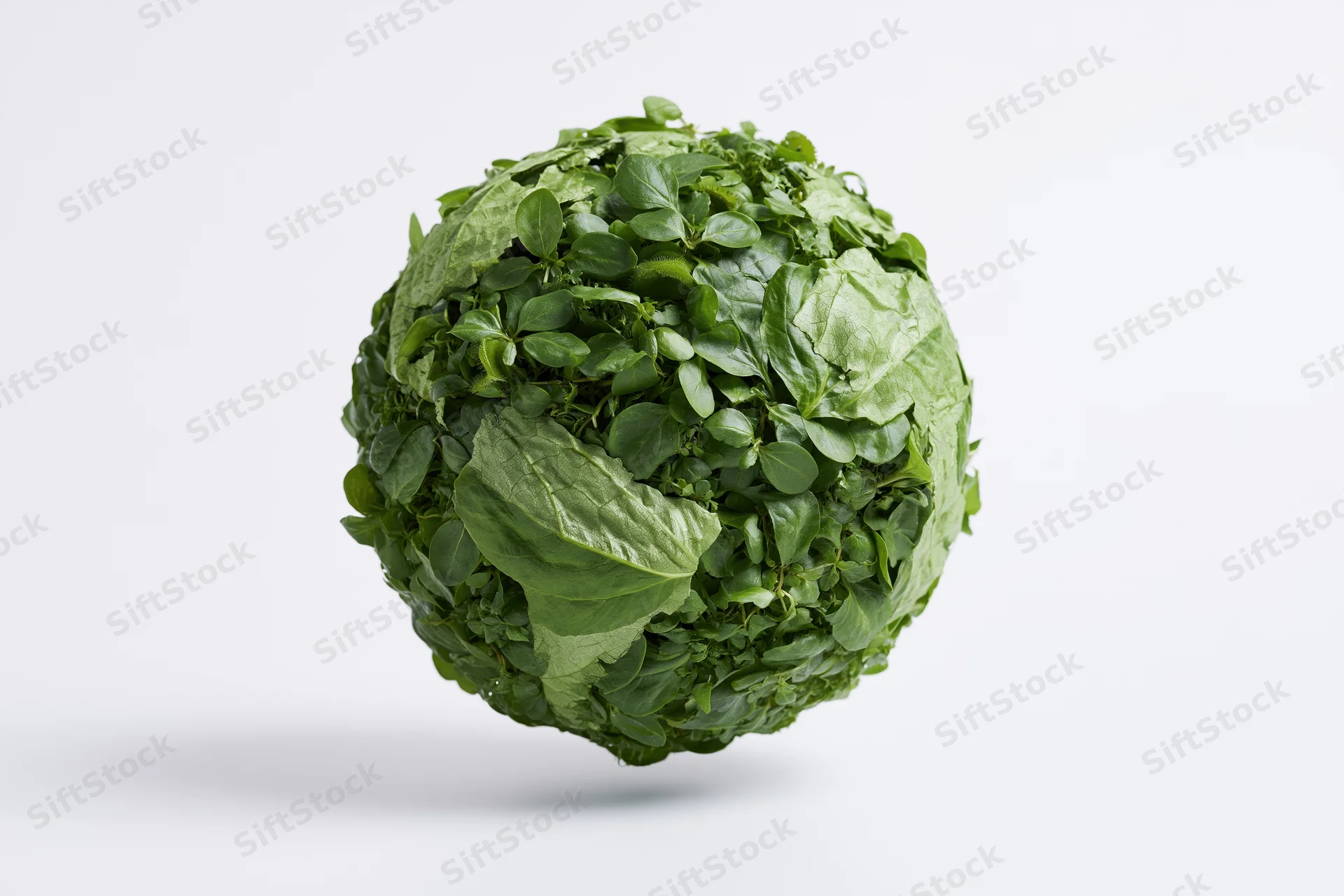 Dense green leaves forming a perfect sphere floating against a white background