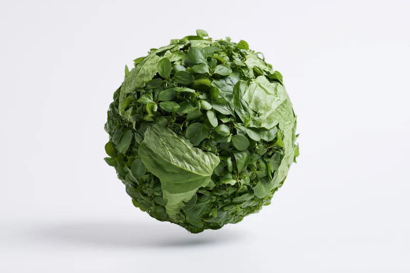 Dense green leaves forming a perfect sphere floating against a white background
