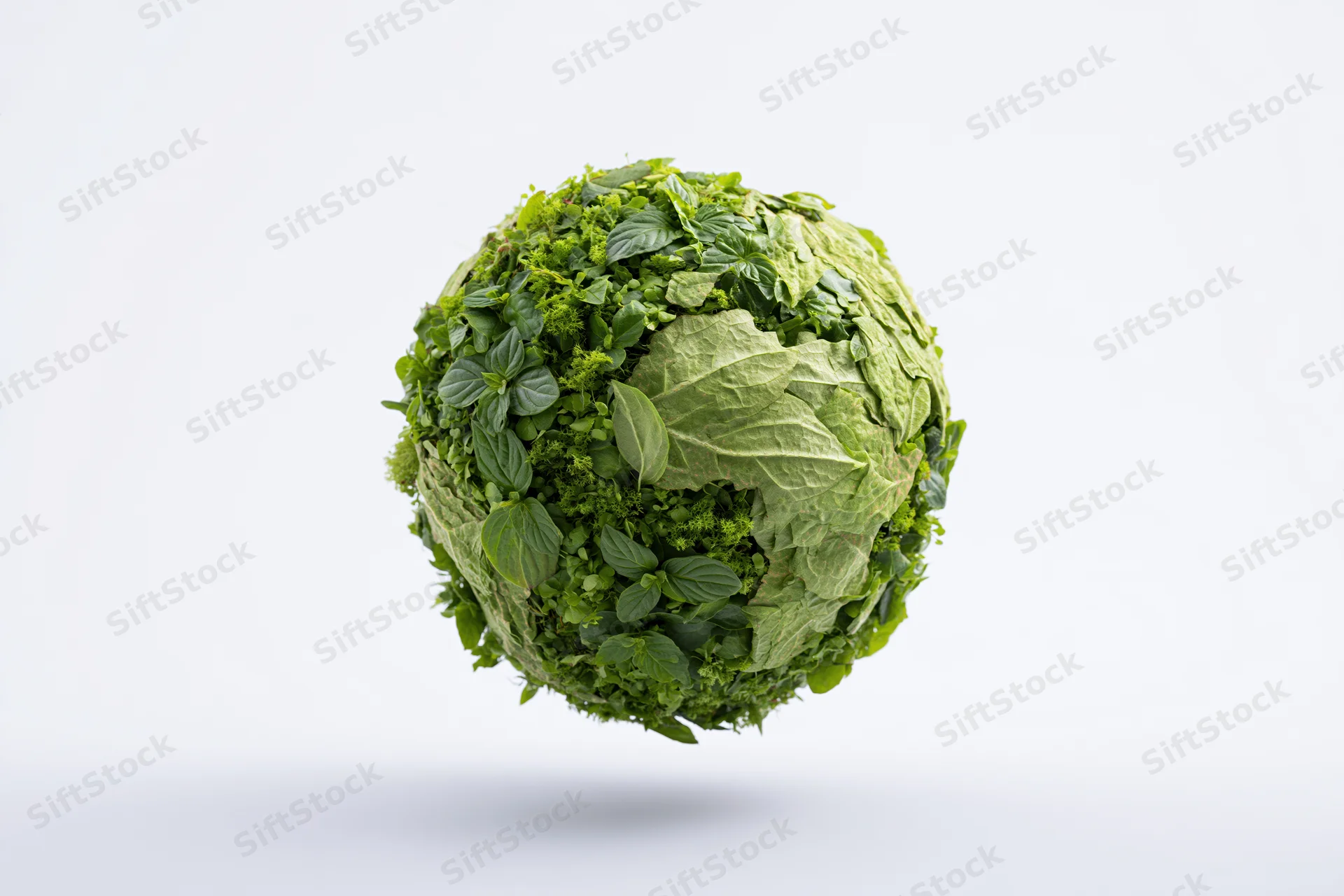 Green globe formed from dense foliage and leaves floating against white background