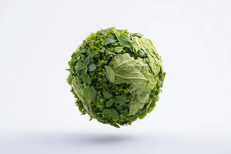 Green globe formed from dense foliage and leaves floating against white background