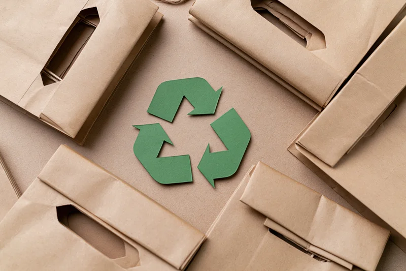Green recycling symbol cut from paper lying flat at center surrounded by brown paper bags on a plain surface