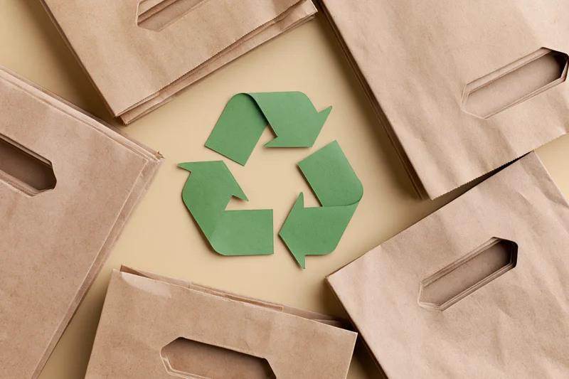 Green recycling symbol cut from paper lying flat at center surrounded by brown paper bags on beige surface