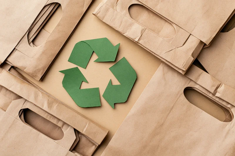 Green recycling symbol cut from paper lying flat at center surrounded by brown paper bags