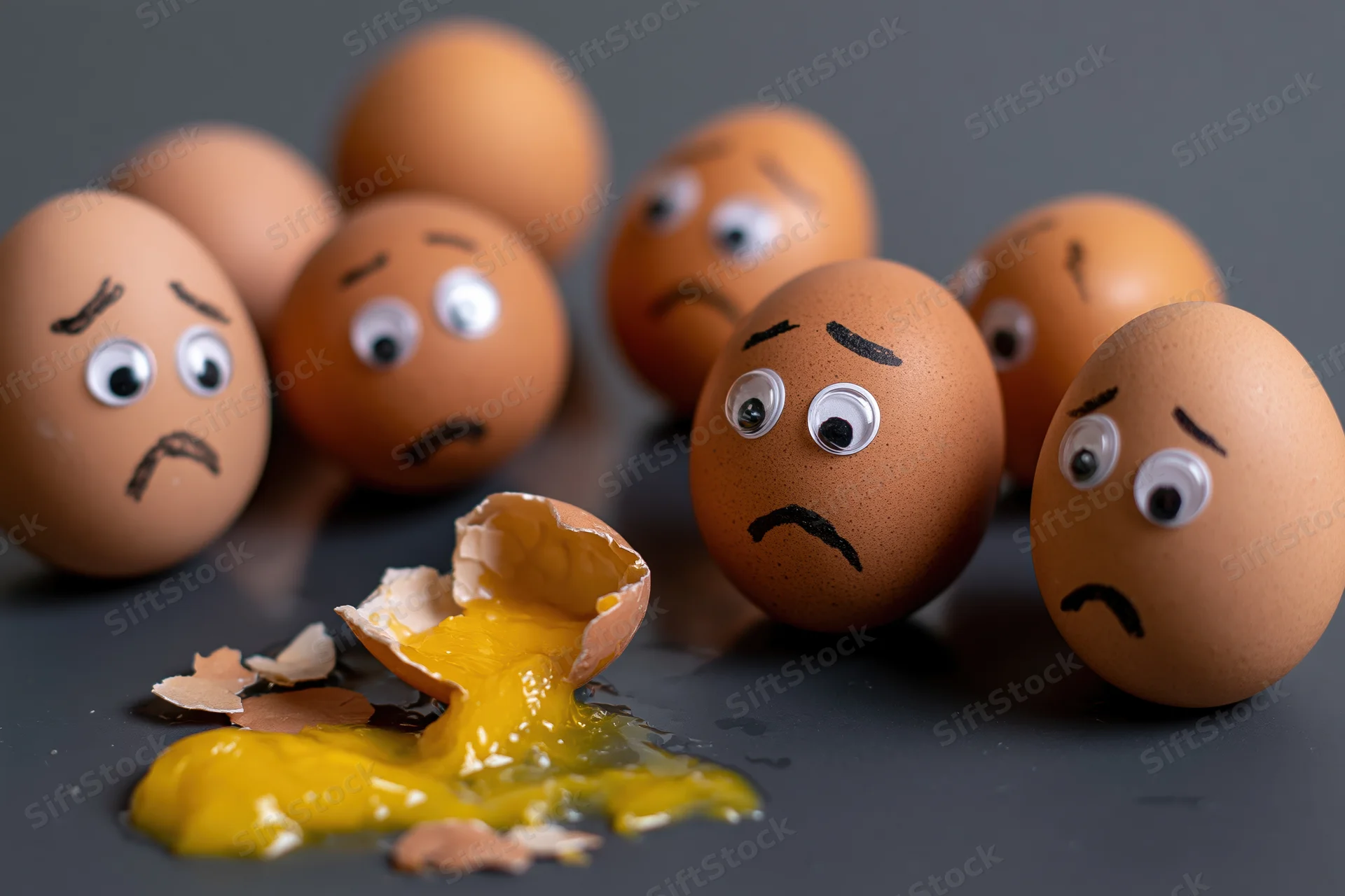 Group of brown eggs with googly eyes and marker-drawn sad faces gathered around a broken egg with spilled yolk on dark surface