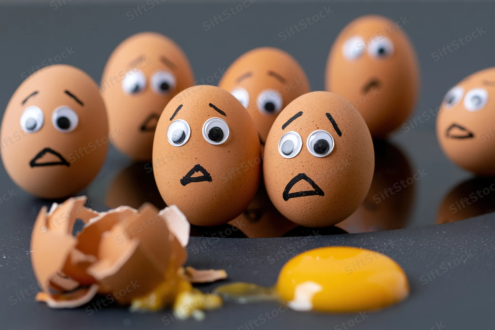 Group of brown eggs with googly eyes and marker-drawn faces reacting to a broken egg with spilled yolk and shell on dark surface