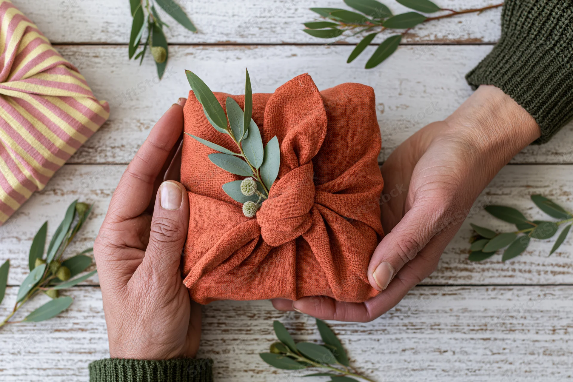 Hands holding a rust-orange fabric-wrapped furoshiki gift with eucalyptus leaves on a white wooden table