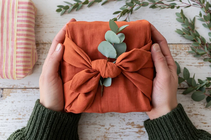 Woman holding a rust-orange fabric-wrapped furoshiki gift with eucalyptus leaves on a wooden table