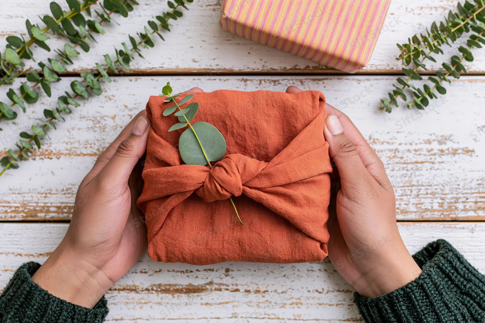 Hands holding a rust-orange fabric-wrapped furoshiki gift with eucalyptus leaf on a white wooden table