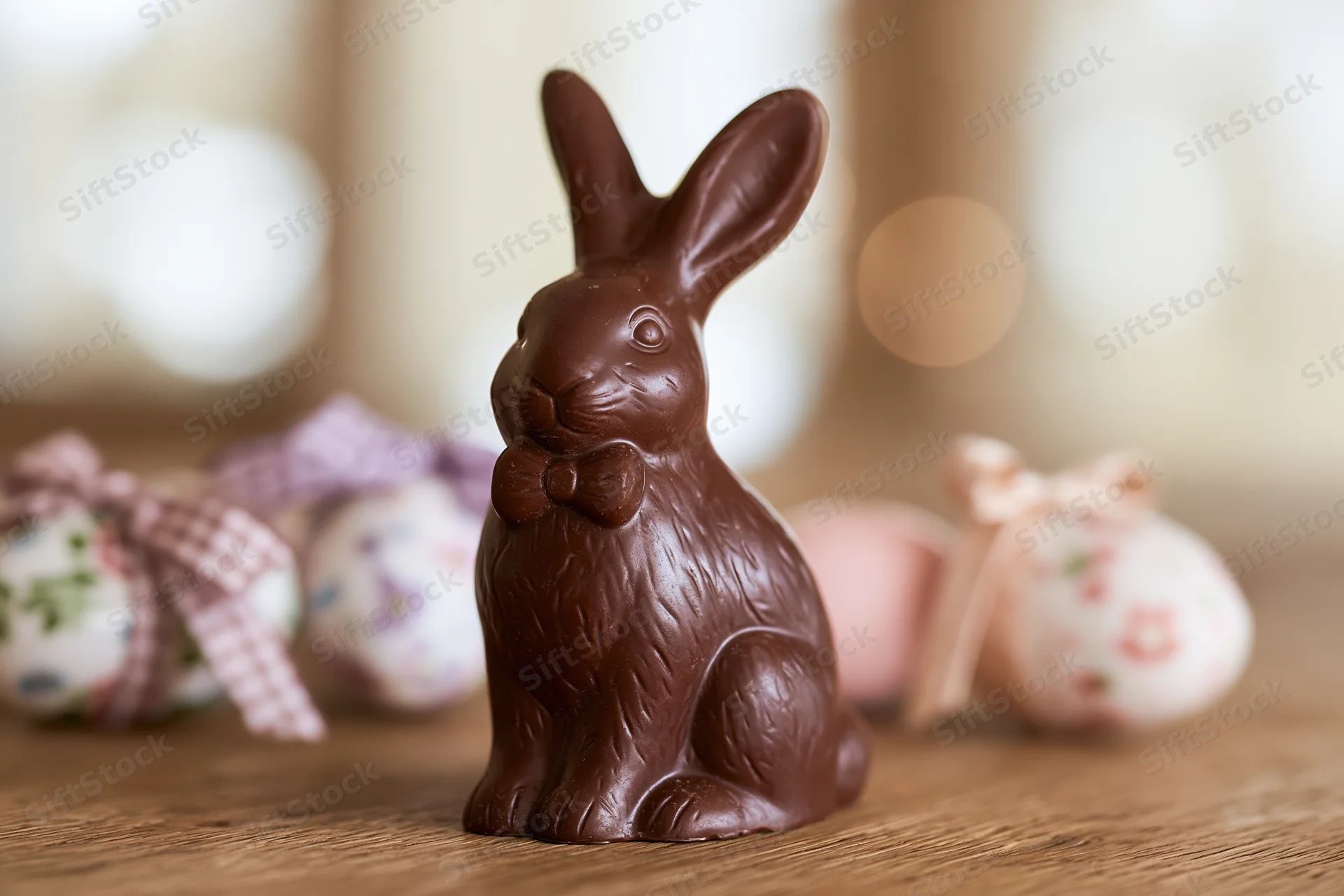 Chocolate easter bunny figurine with bow sitting on wooden table surrounded by decorated eggs