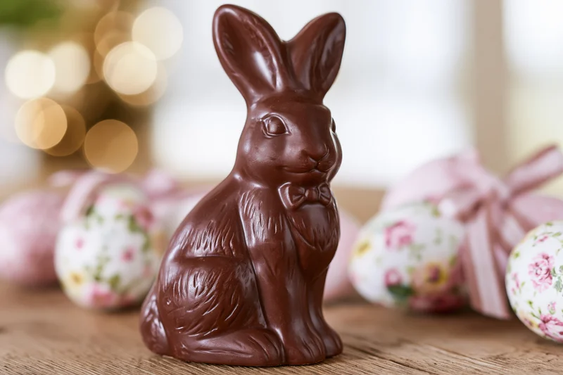Chocolate easter bunny figurine with bow on wooden table surrounded by decorated eggs and pink ribbons