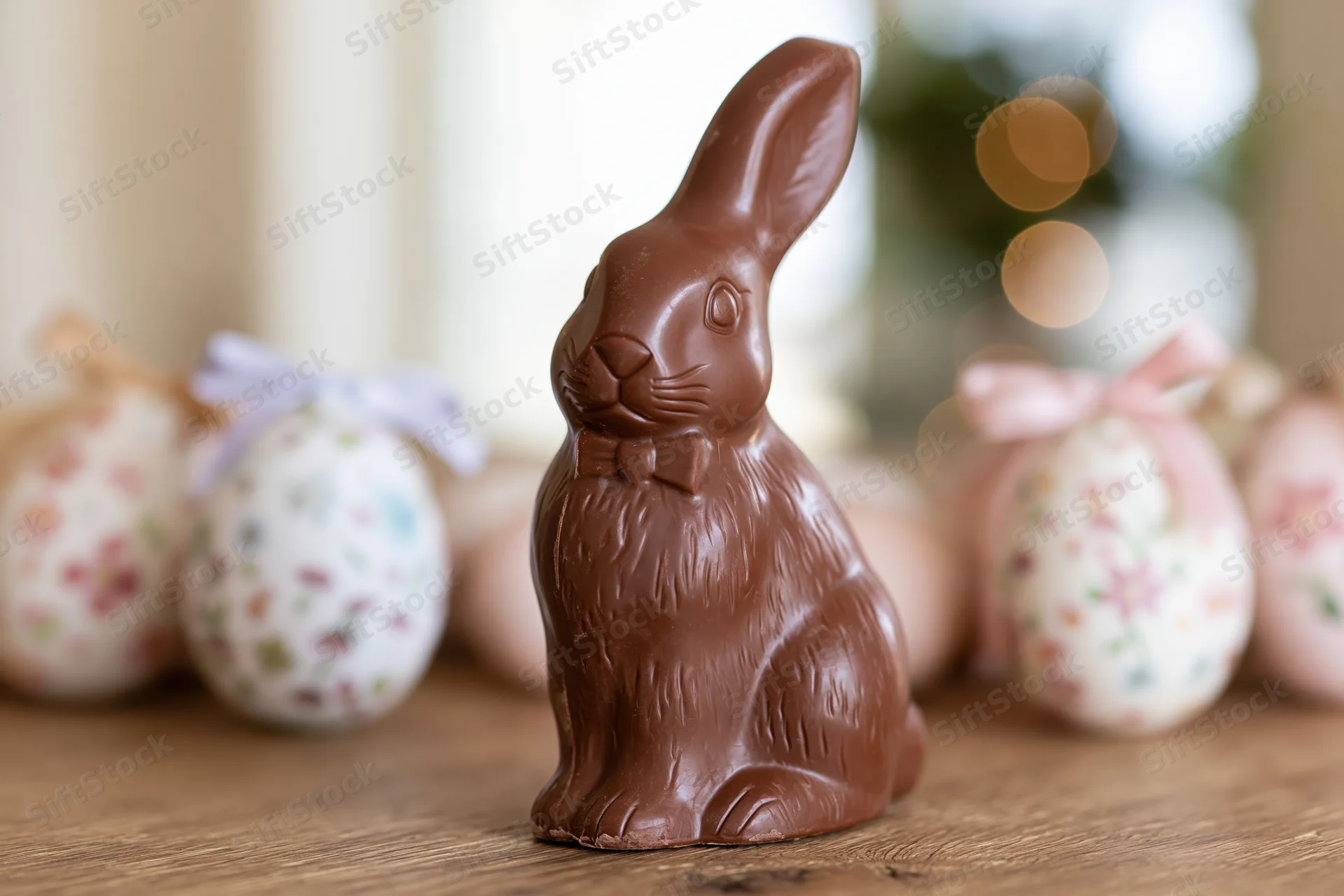 Hollow milk chocolate easter bunny figurine with bow on wooden table surrounded by decorated eggs