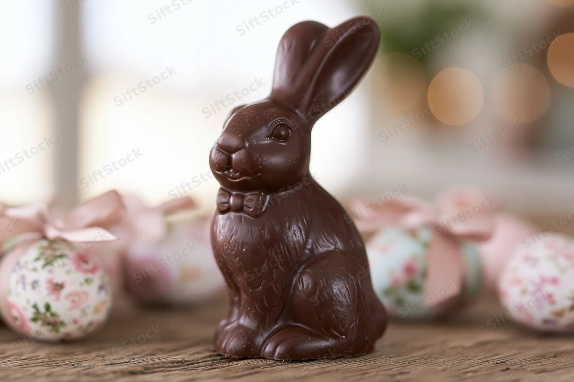 Chocolate easter bunny figurine with bow on wooden surface surrounded by decorated eggs