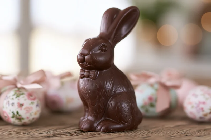 Chocolate easter bunny figurine with bow on wooden surface surrounded by decorated eggs