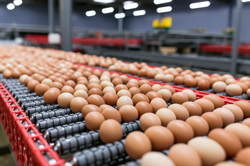 Brown chicken eggs moving on a red-tray conveyor belt in a factory production line