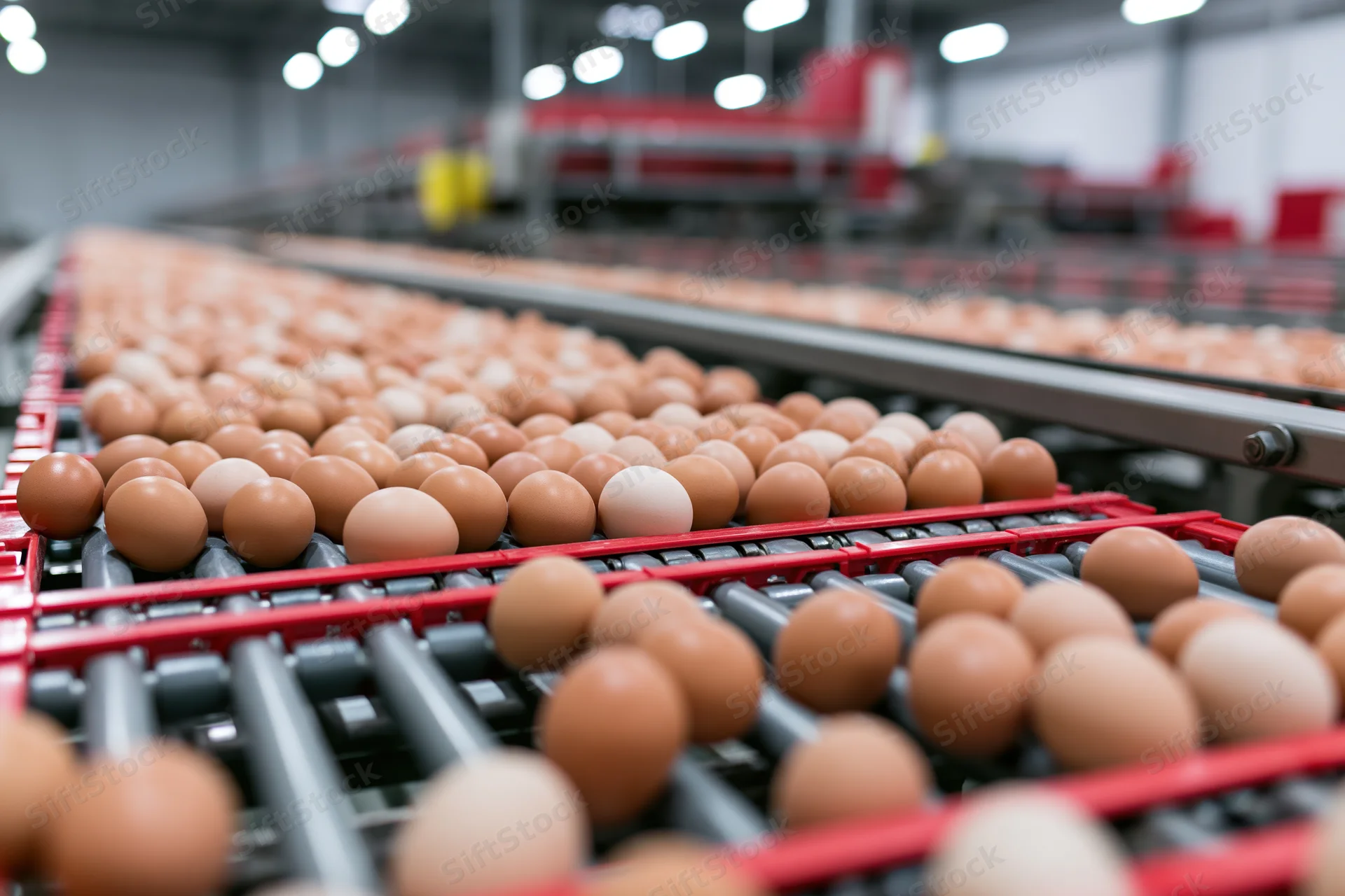 Brown chicken eggs moving on red conveyor belts in a factory production line