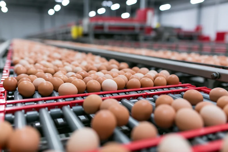 Brown chicken eggs moving on red conveyor belts in a factory production line