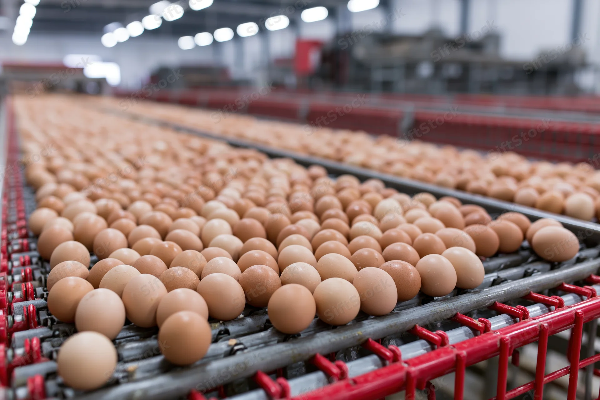 Brown chicken eggs moving along a red conveyor belt in a factory production line