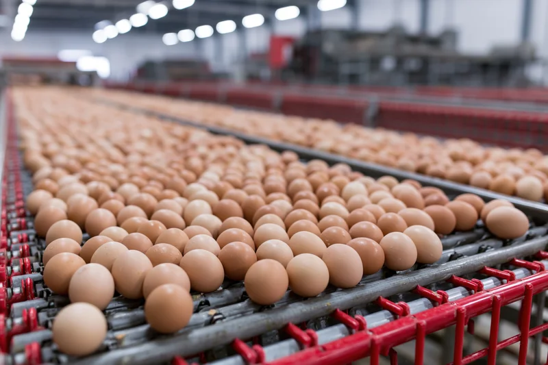 Brown chicken eggs moving along a red conveyor belt in a factory production line