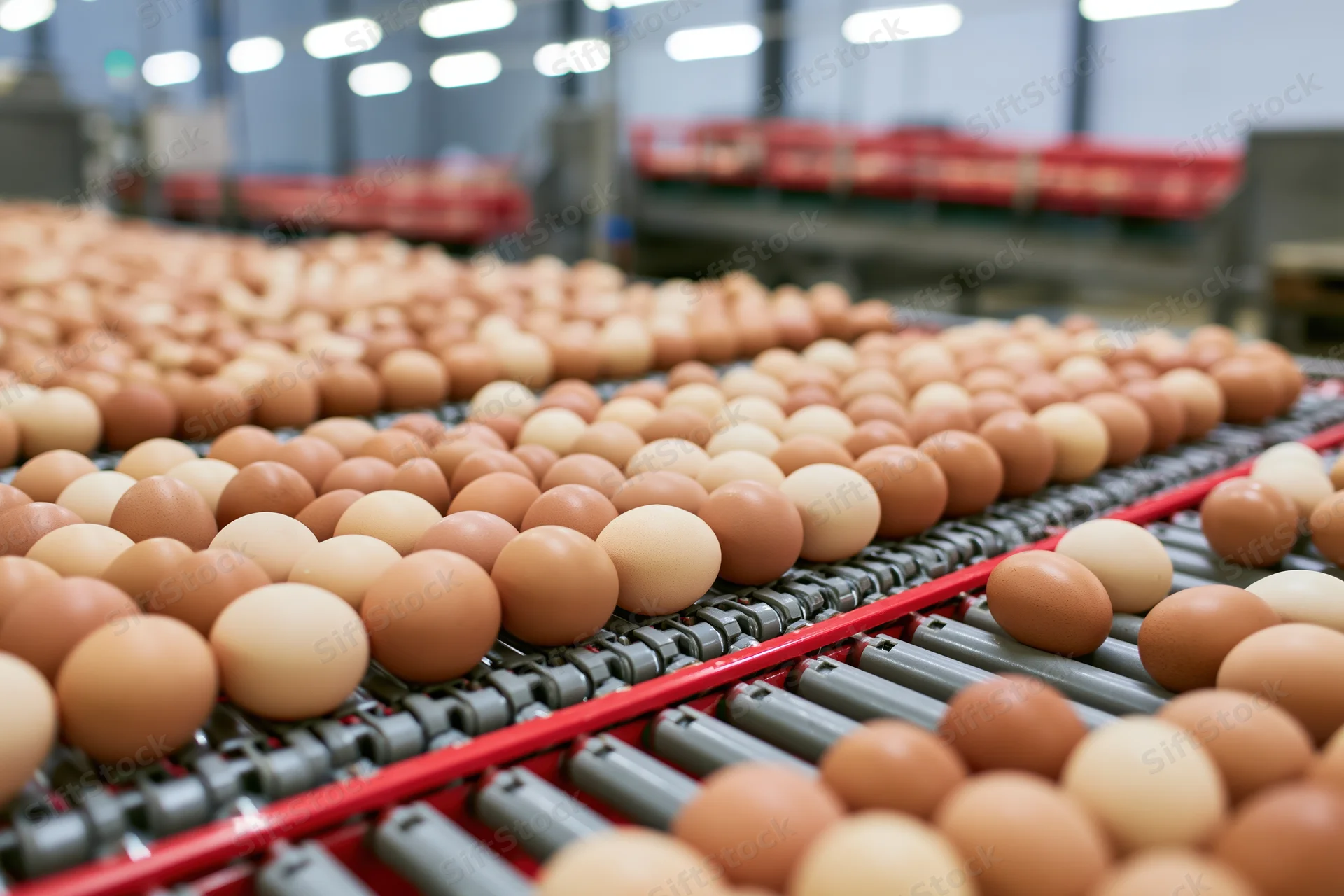 Brown and white chicken eggs moving along a red conveyor belt in a factory production line