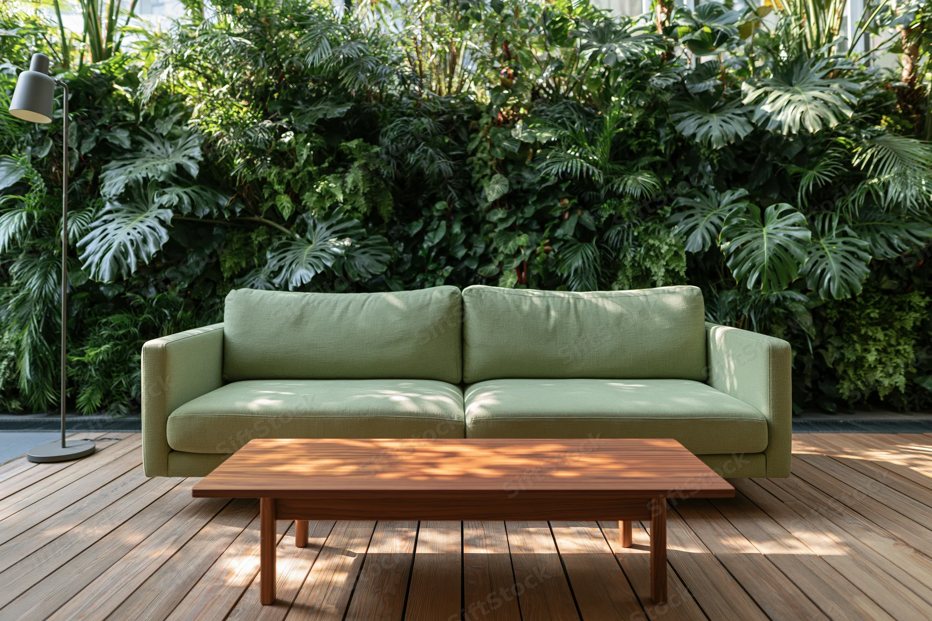 Sage green sofa with wooden coffee table in a living room surrounded by lush tropical plants on a wooden deck