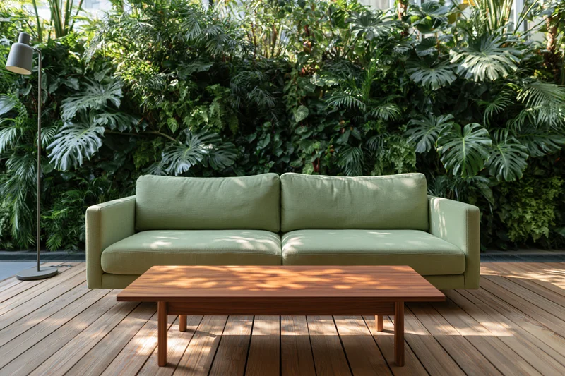 Sage green sofa with wooden coffee table in a living room surrounded by lush tropical plants on a wooden deck