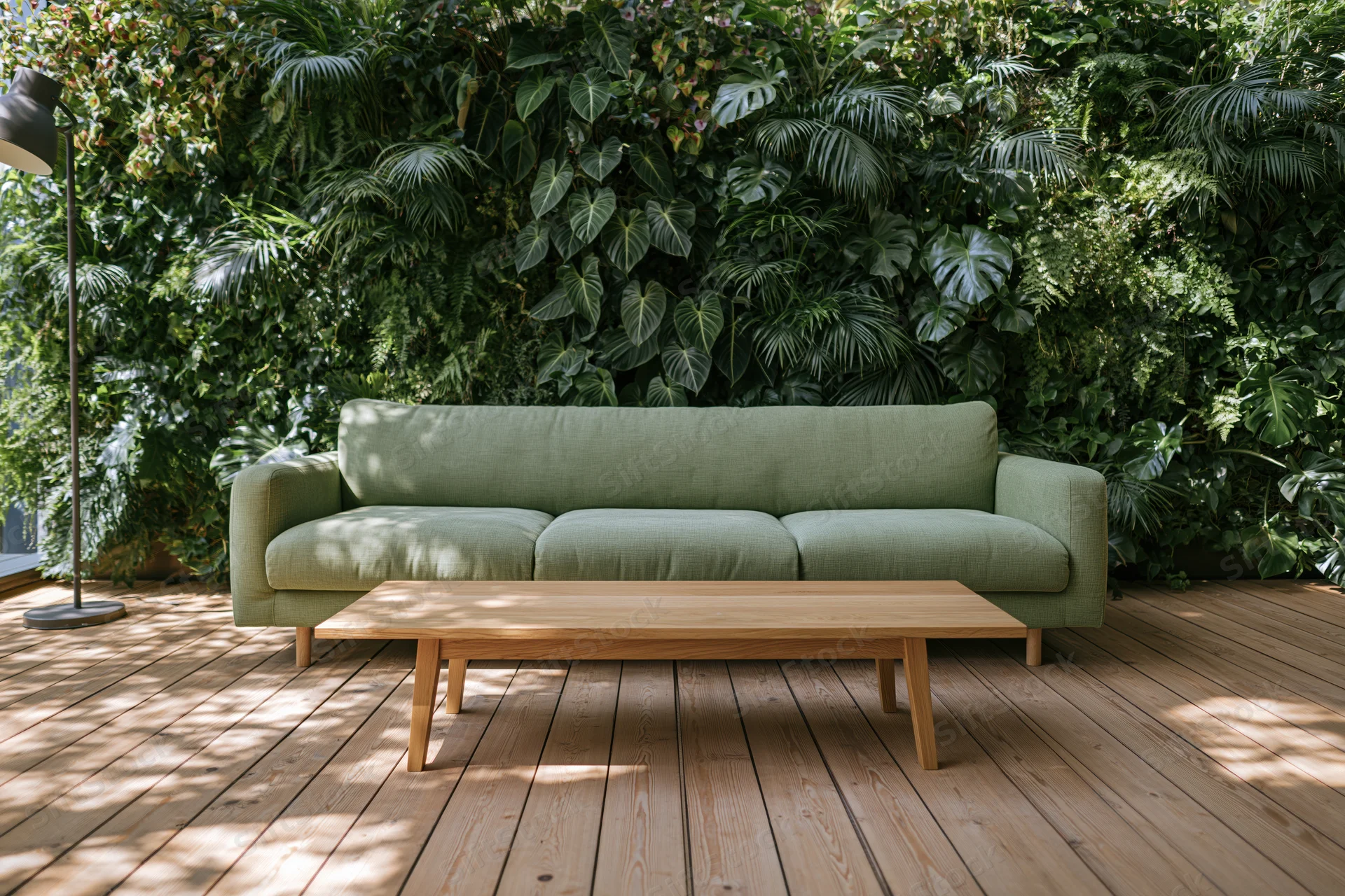 Sage green sofa with wooden coffee table in front of lush green plant wall in living room