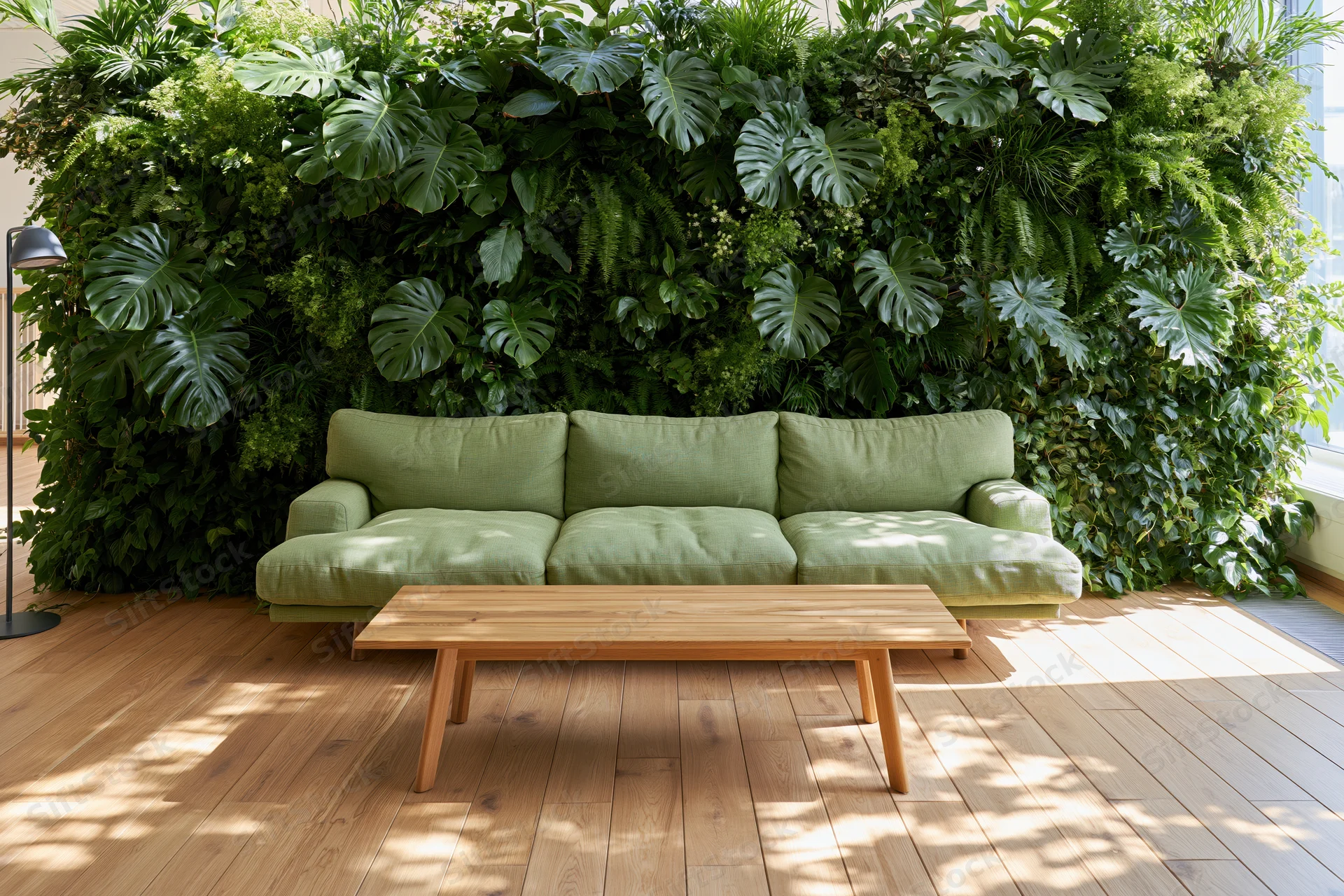 Sage green sofa with wooden coffee table in front of lush green living wall in indoor living space