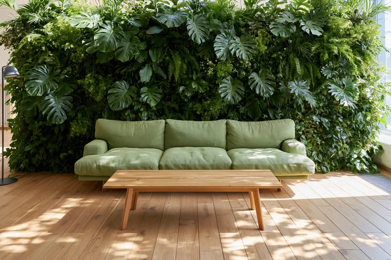 Sage green sofa with wooden coffee table in front of lush green living wall in indoor living space