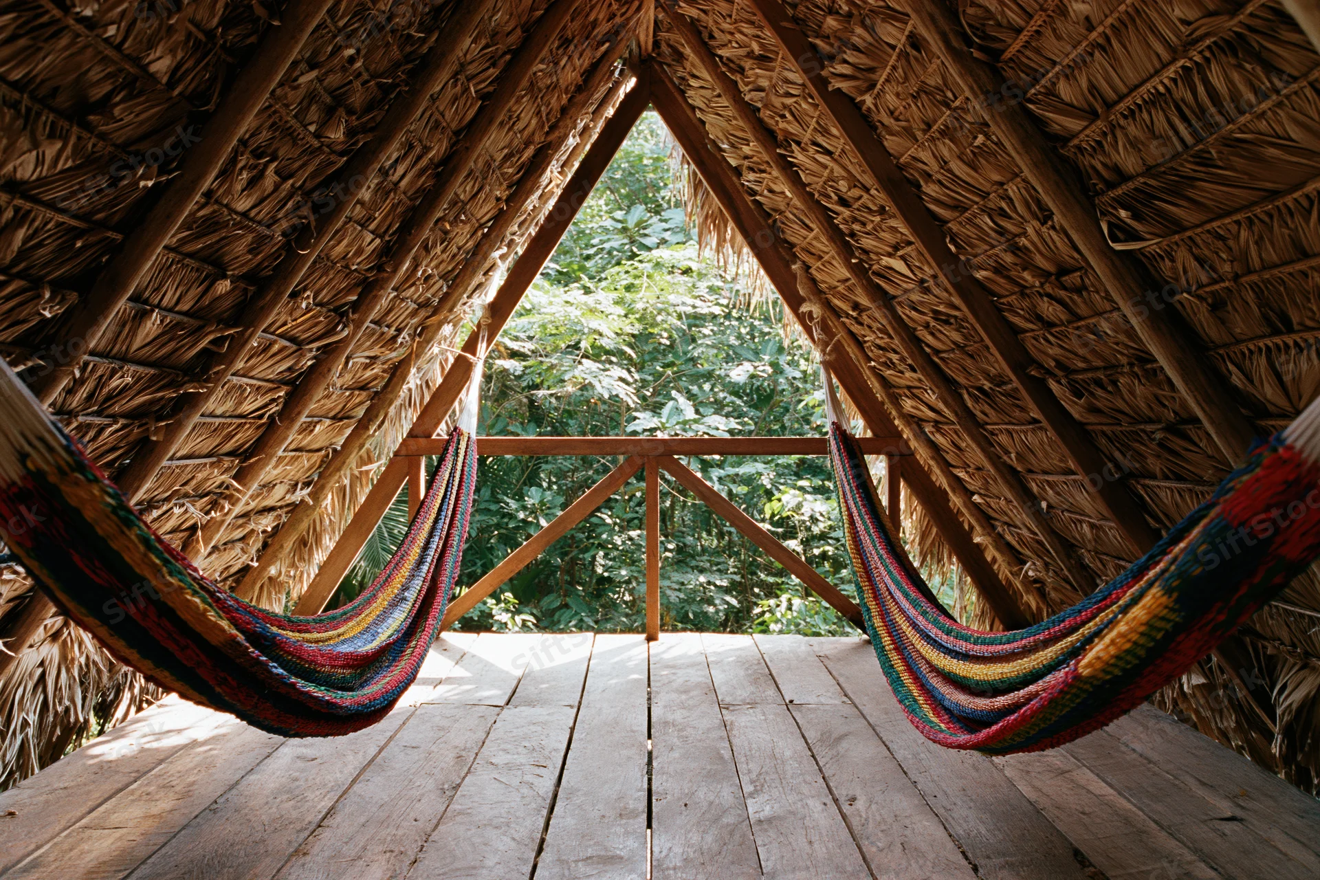 Interior of a thatched a-frame jungle hut with two colorful woven hammocks suspended from wooden beams, overlooking lush greenery