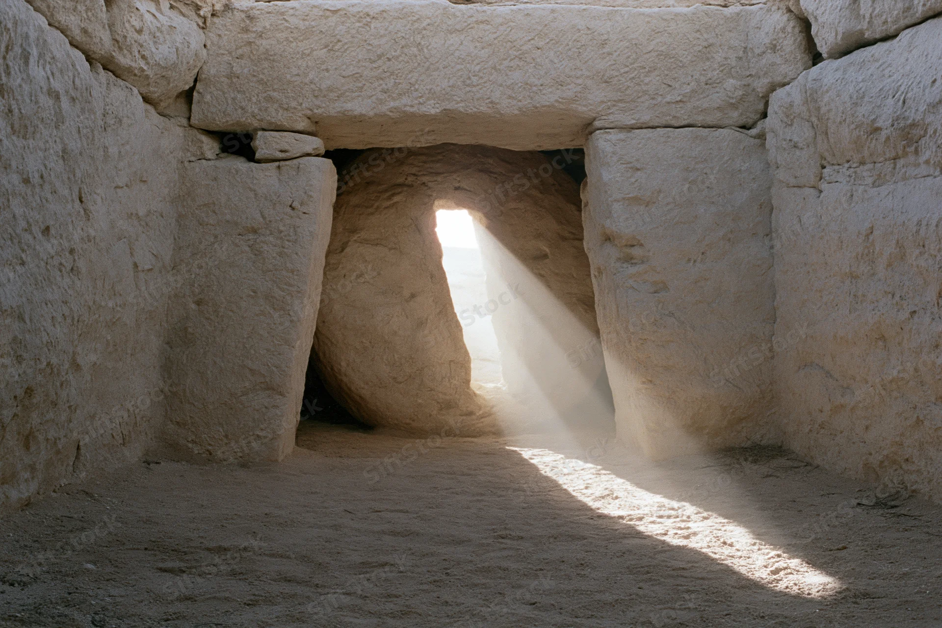 Interior of ancient stone tomb with sunlight streaming through entrance