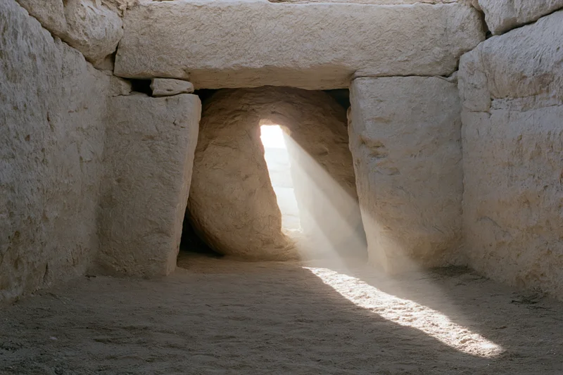 Interior of ancient stone tomb with sunlight streaming through entrance