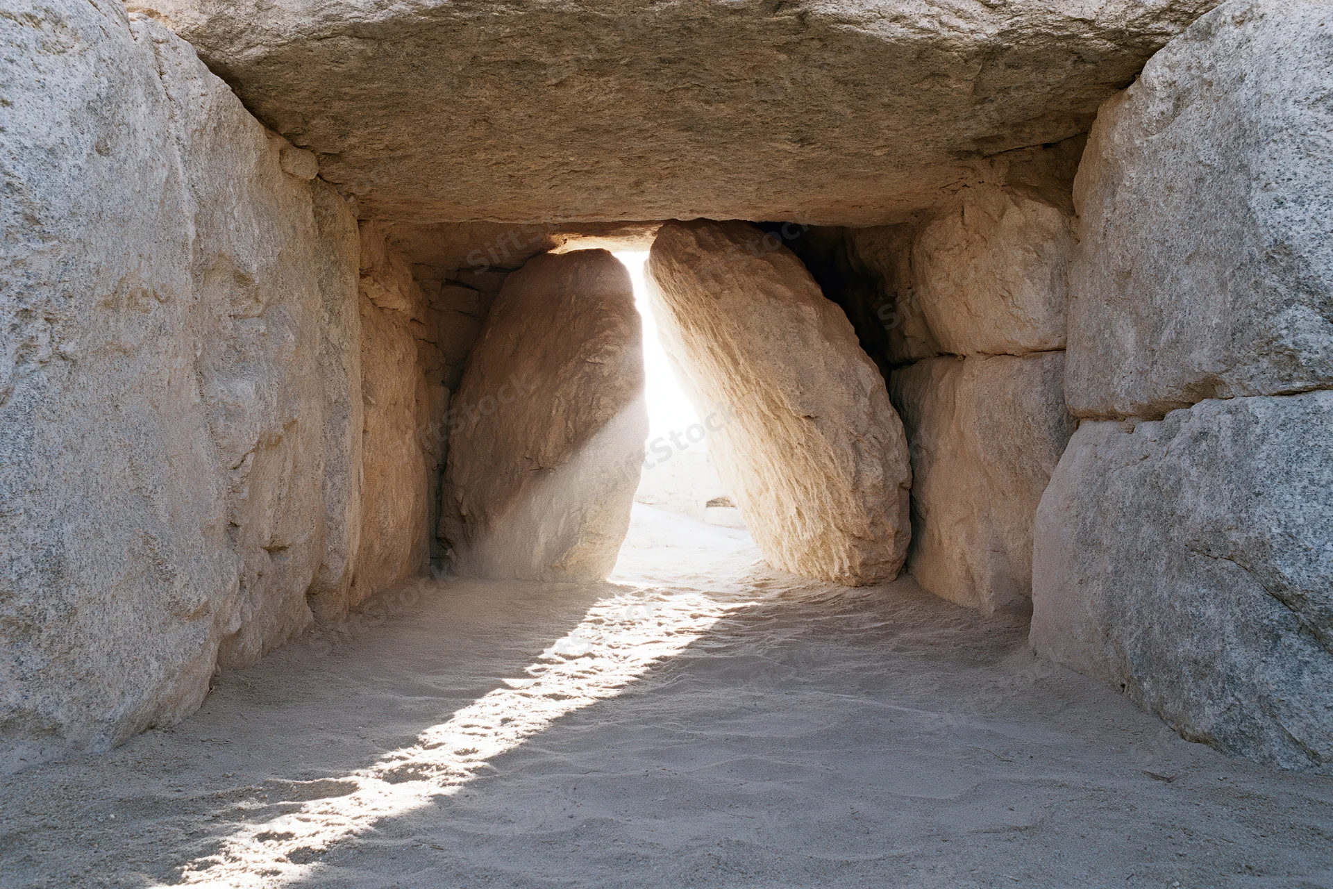 Interior of ancient stone tomb with sunlight entering through narrow passage