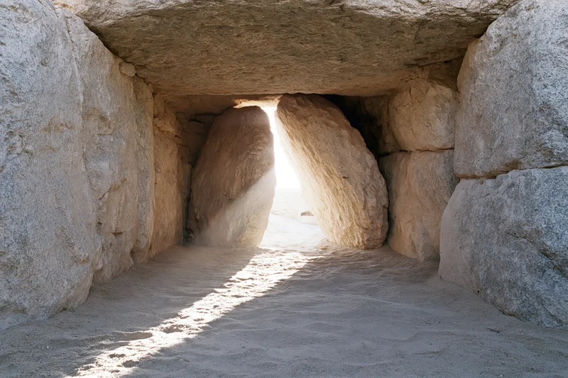 Interior of ancient stone tomb with sunlight entering through narrow passage