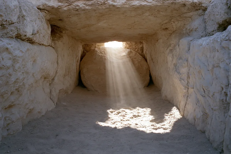 Interior of ancient stone tomb with sunlight streaming through entrance