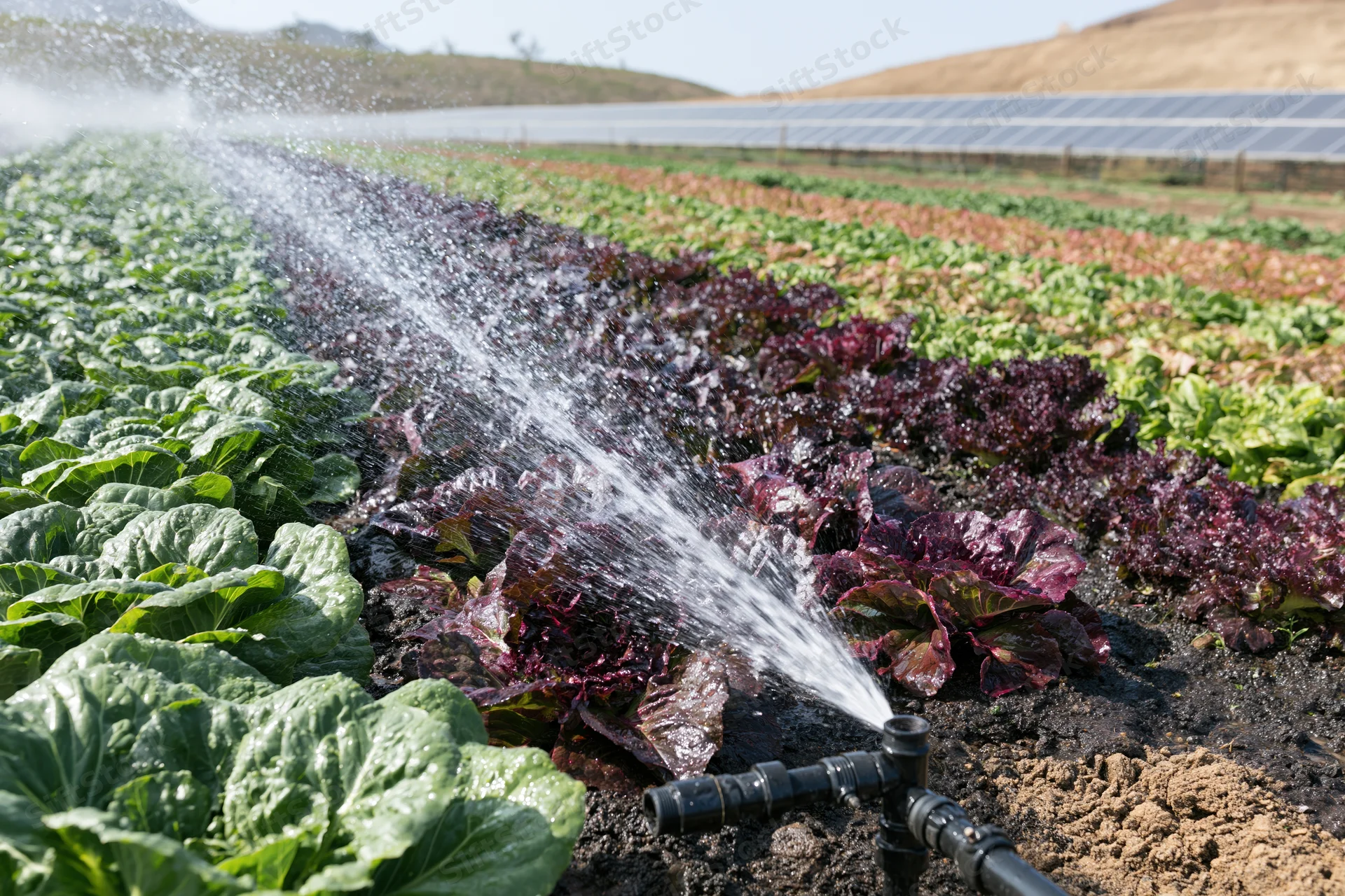 Irrigation sprinkler spraying water across neat rows of mixed lettuce in a farm field