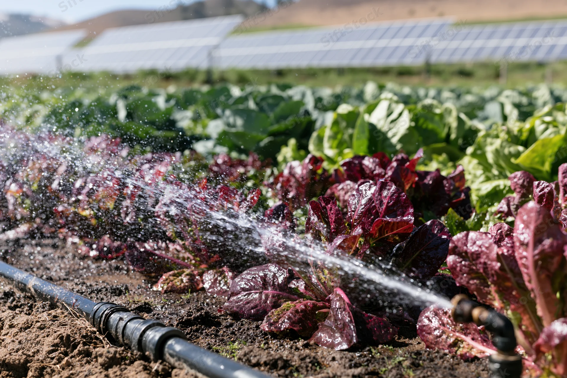 Irrigation sprinkler watering rows of red and green lettuce in a farm field