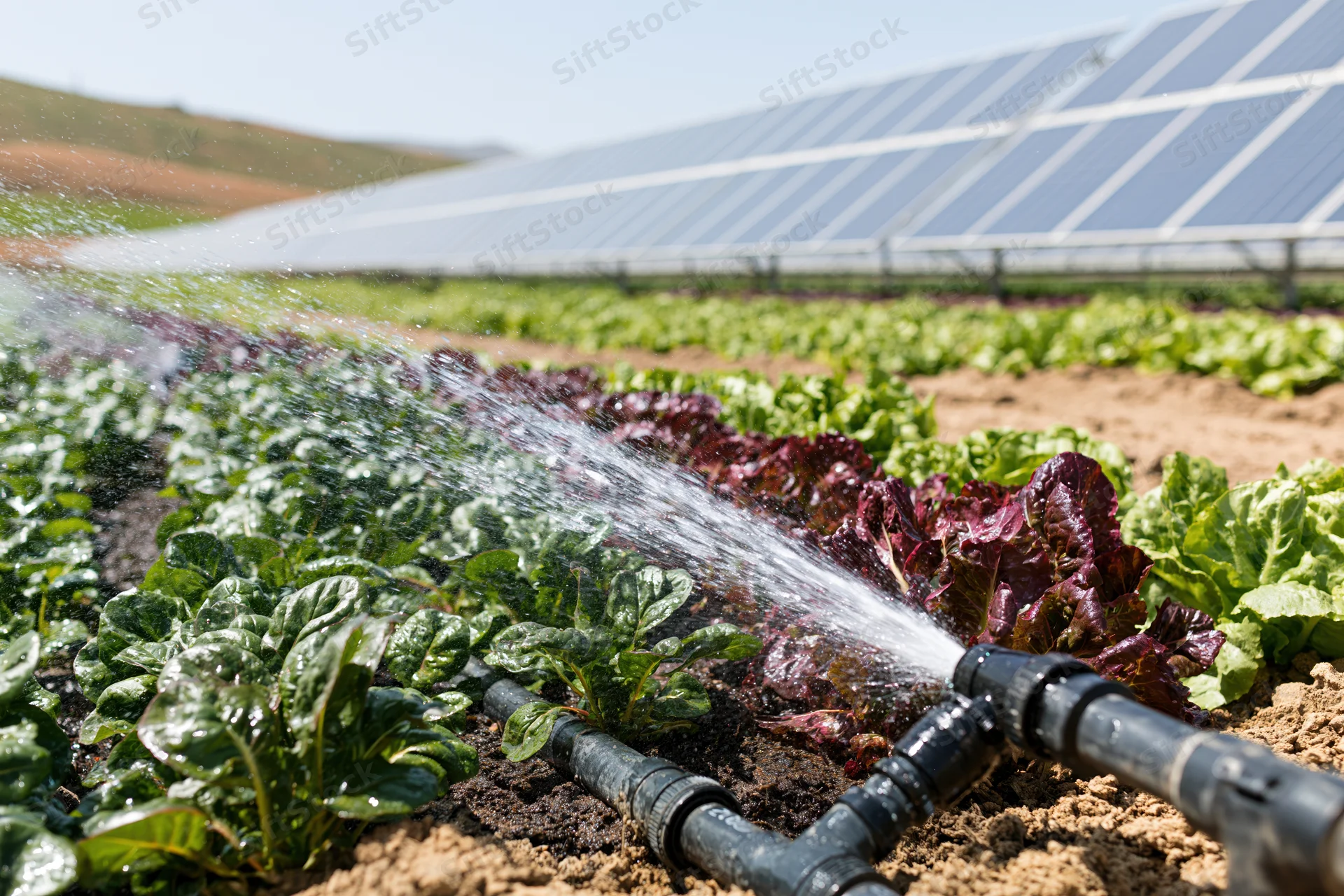 Irrigation sprinkler spraying water across rows of mixed lettuce in a solar-powered farm field