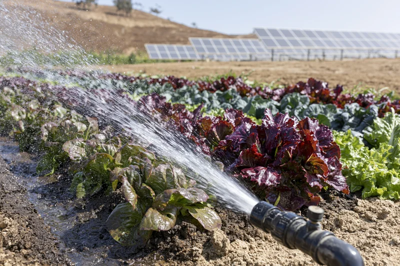 Irrigation sprinkler watering rows of mixed lettuce in a farm field with solar panels in the background