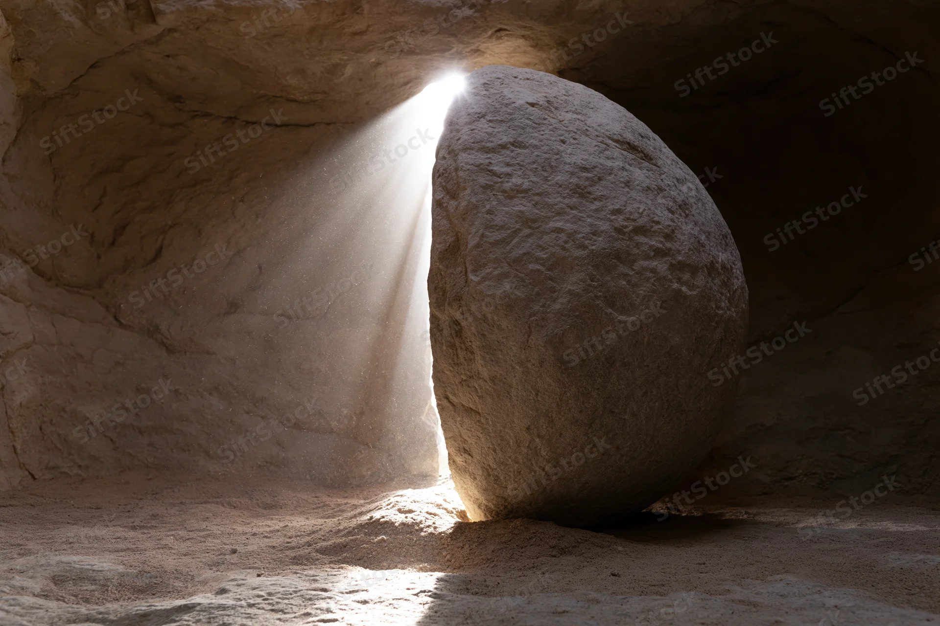 Large circular stone rolled aside from tomb entrance with sunlight streaming in