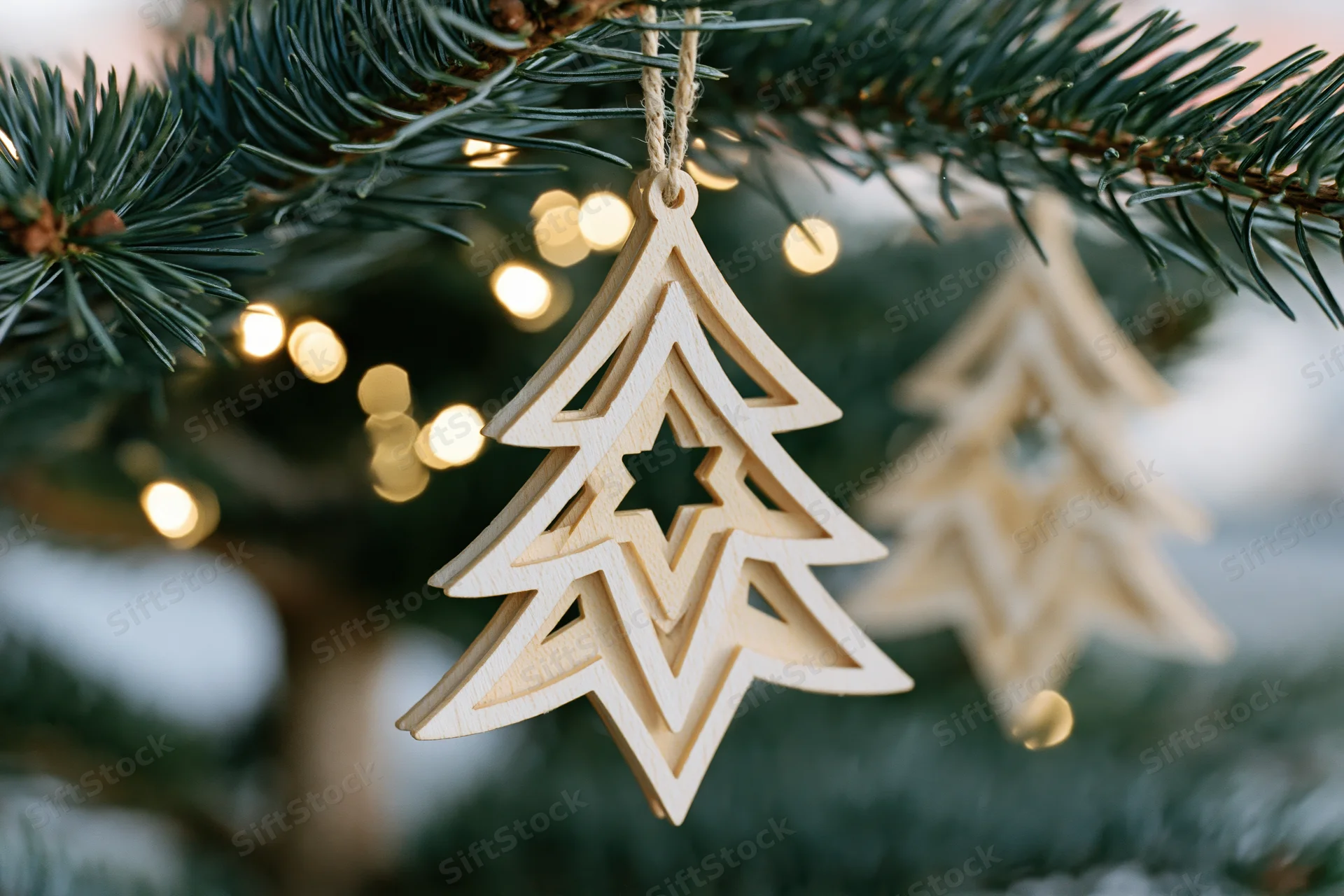 Laser-cut wooden christmas tree ornament hanging from a pine branch with blurred lights in the background