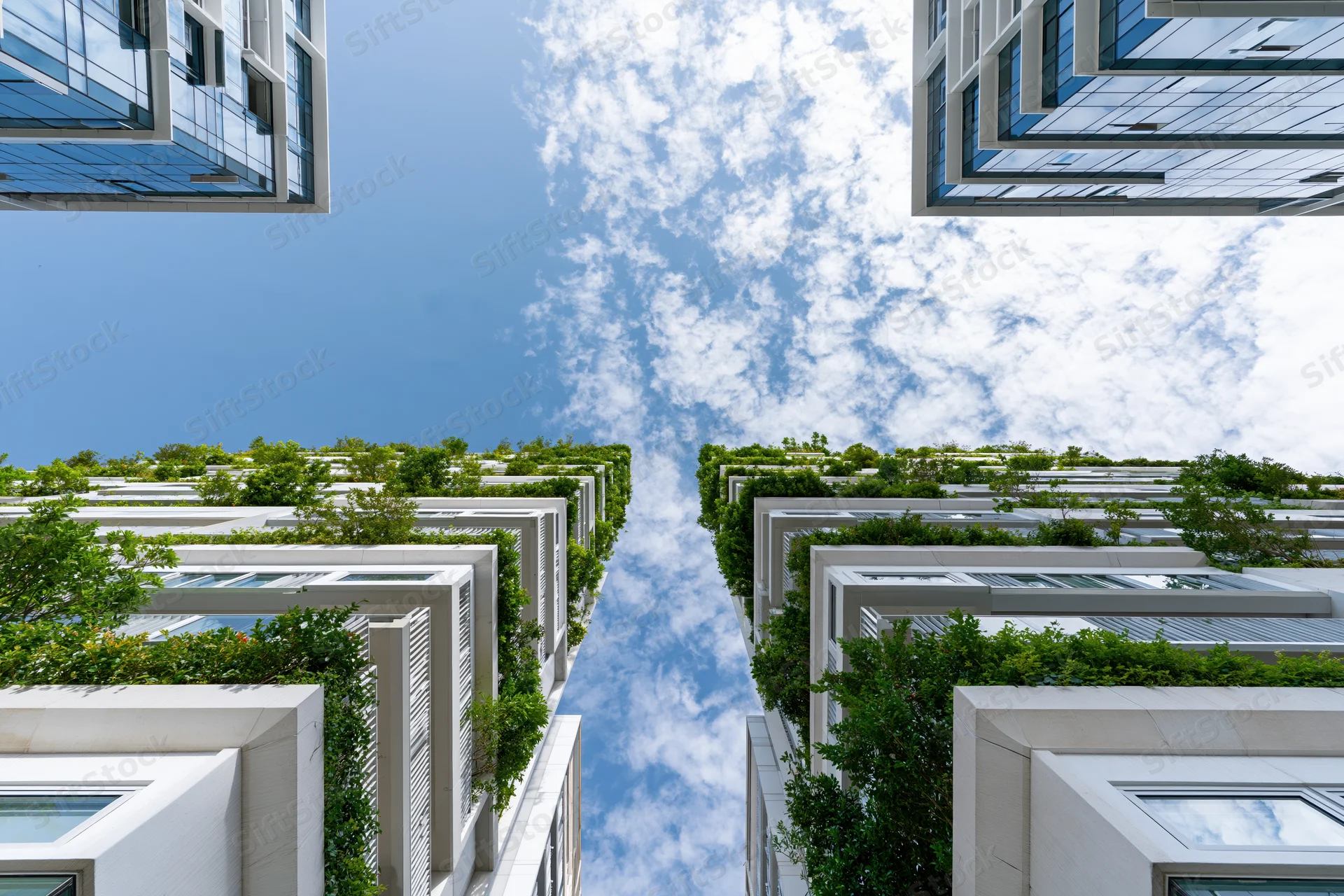 Modern skyscrapers with green vertical gardens viewed from below between buildings under blue sky