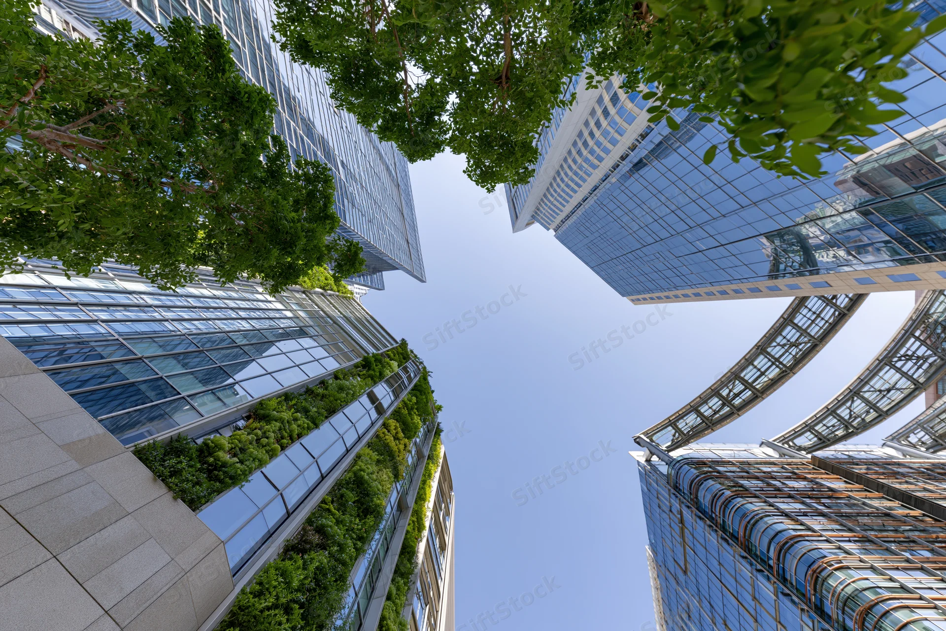 Modern glass skyscrapers with green vertical gardens viewed from ground level looking up into the sky