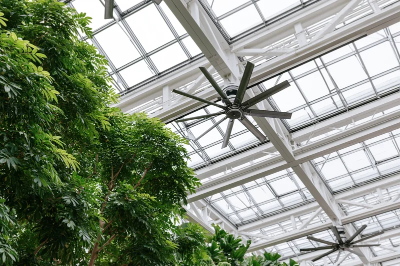 Glass-and-steel greenhouse roof with ceiling fans and lush green foliage below