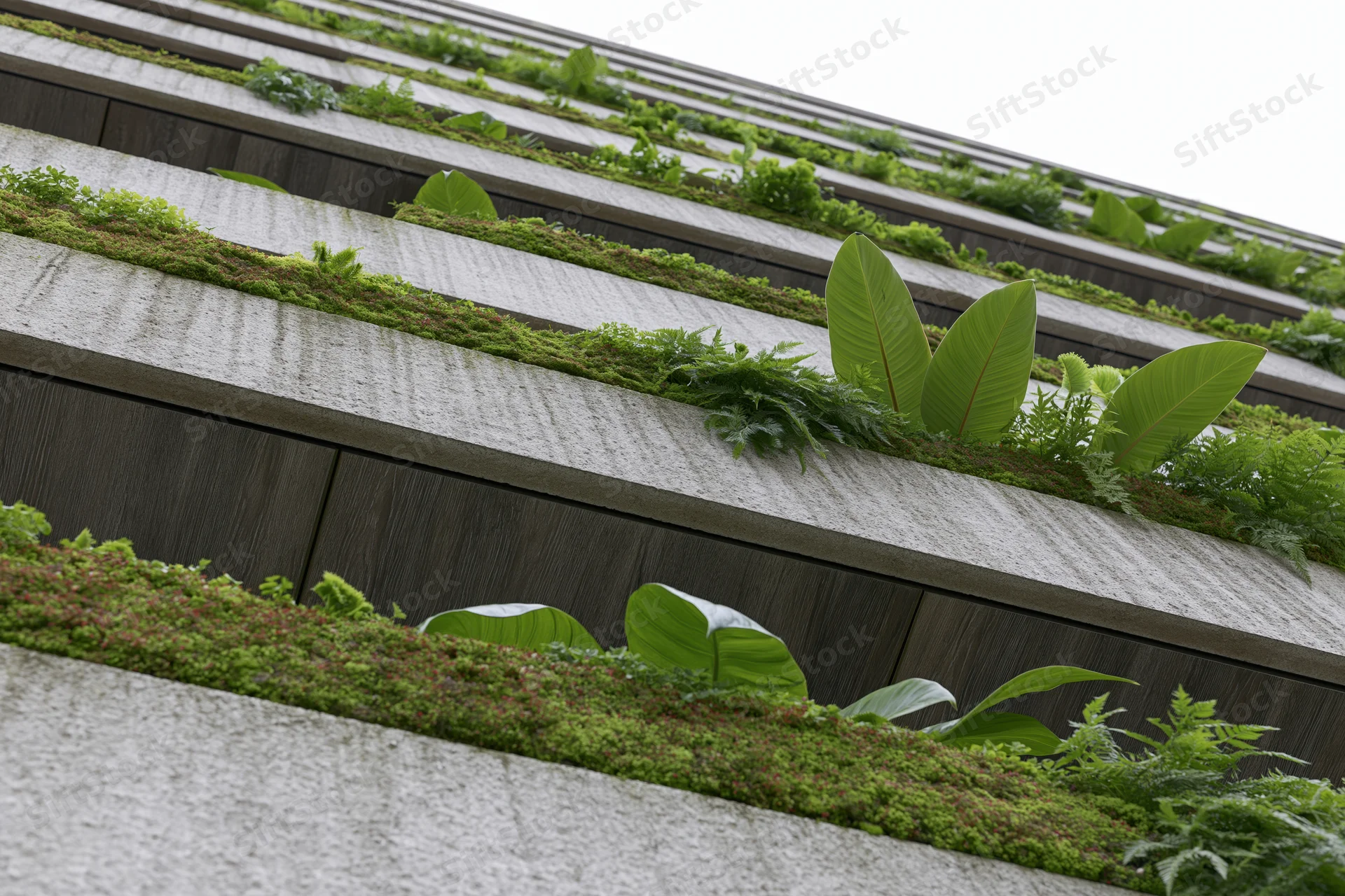 Tiered greenwall with moss and ferns on a modern building facade