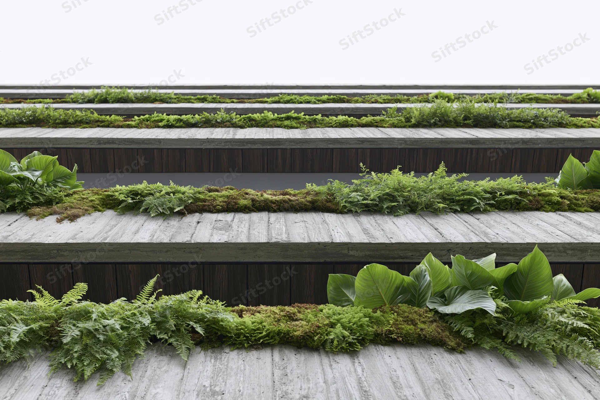 Modern building facade with layered greenery growing on concrete and wood tiers