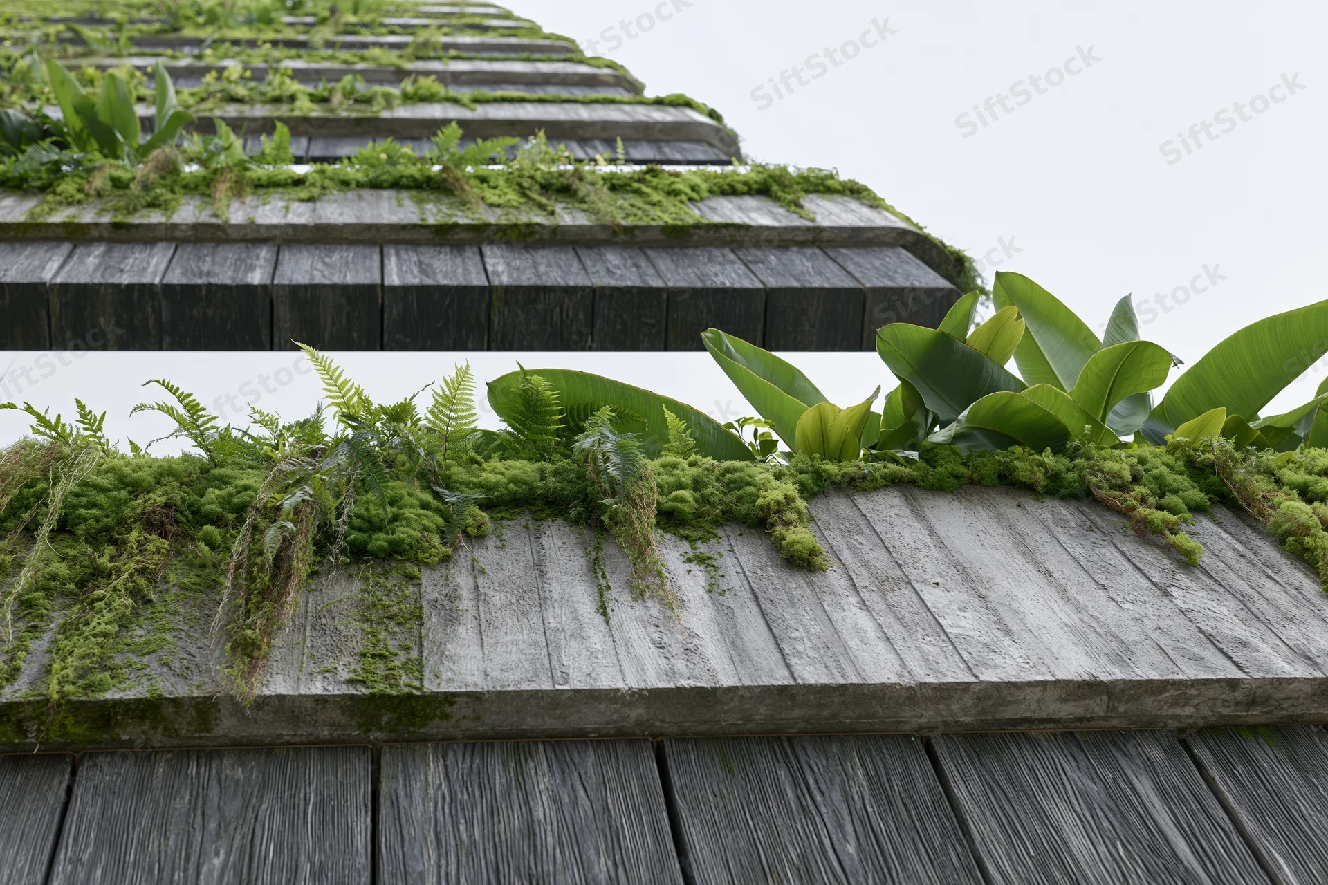 Tiered wooden roof structure covered in moss and ferns with broad green leaves, viewed from below against an overcast sky