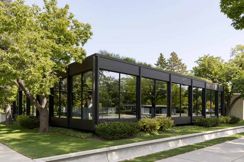 Low-rise modernist office building with dark steel frame and glass facade surrounded by trees and greenery on a sunny day