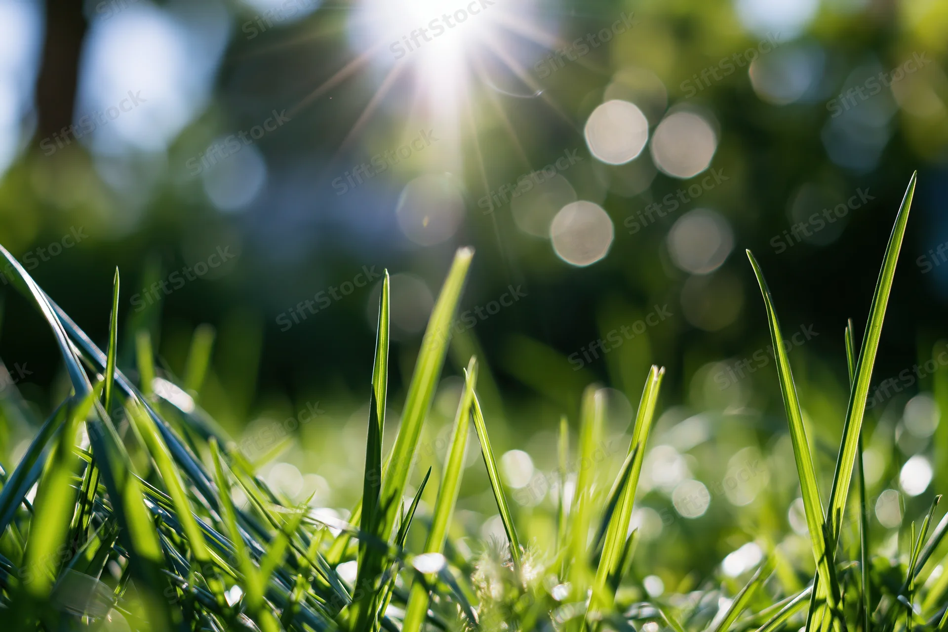 Green grass blades in sunlight viewed from ground level with blurred background