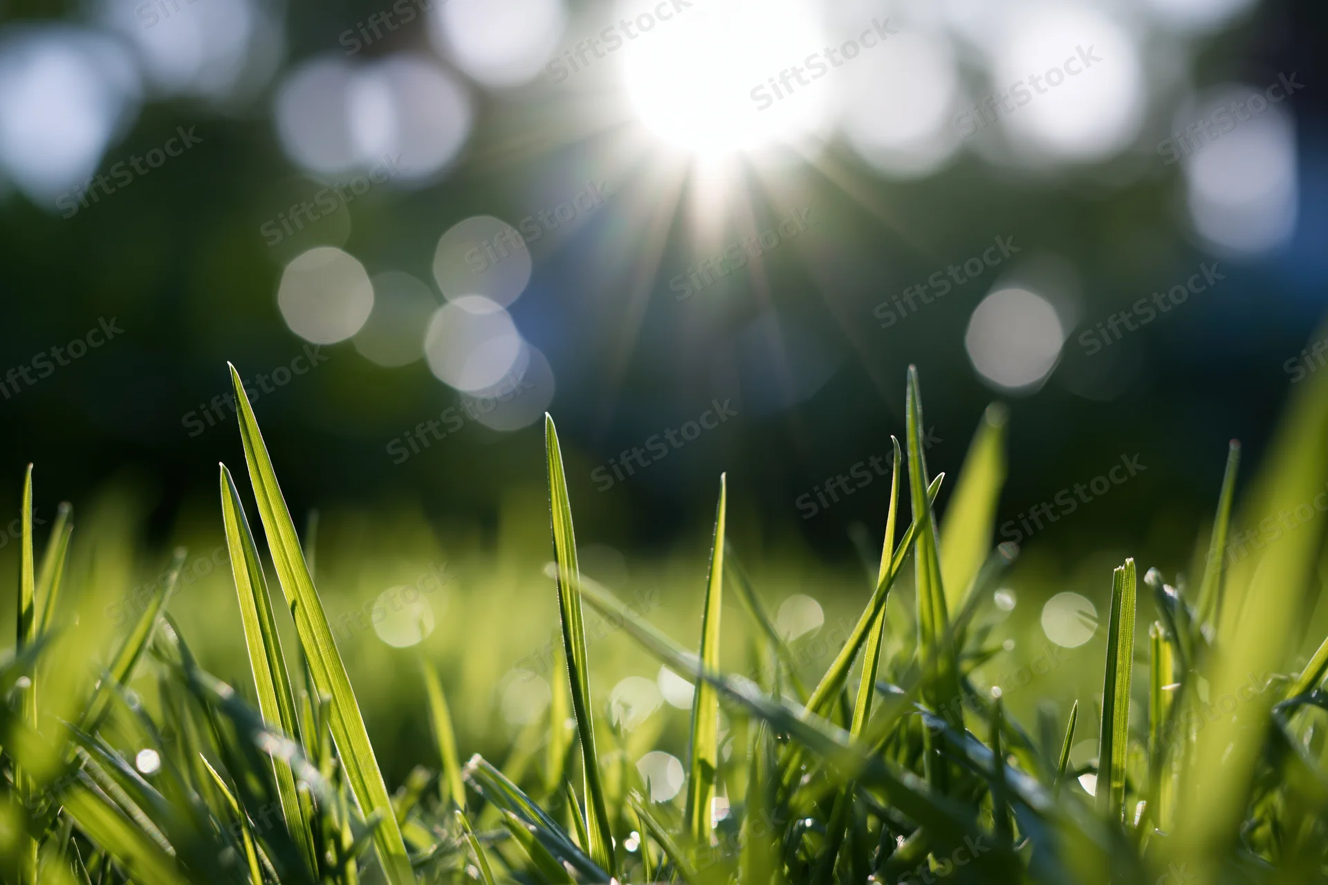 Fresh green grass blades in low ground-level view under bright sunlight with blurred background