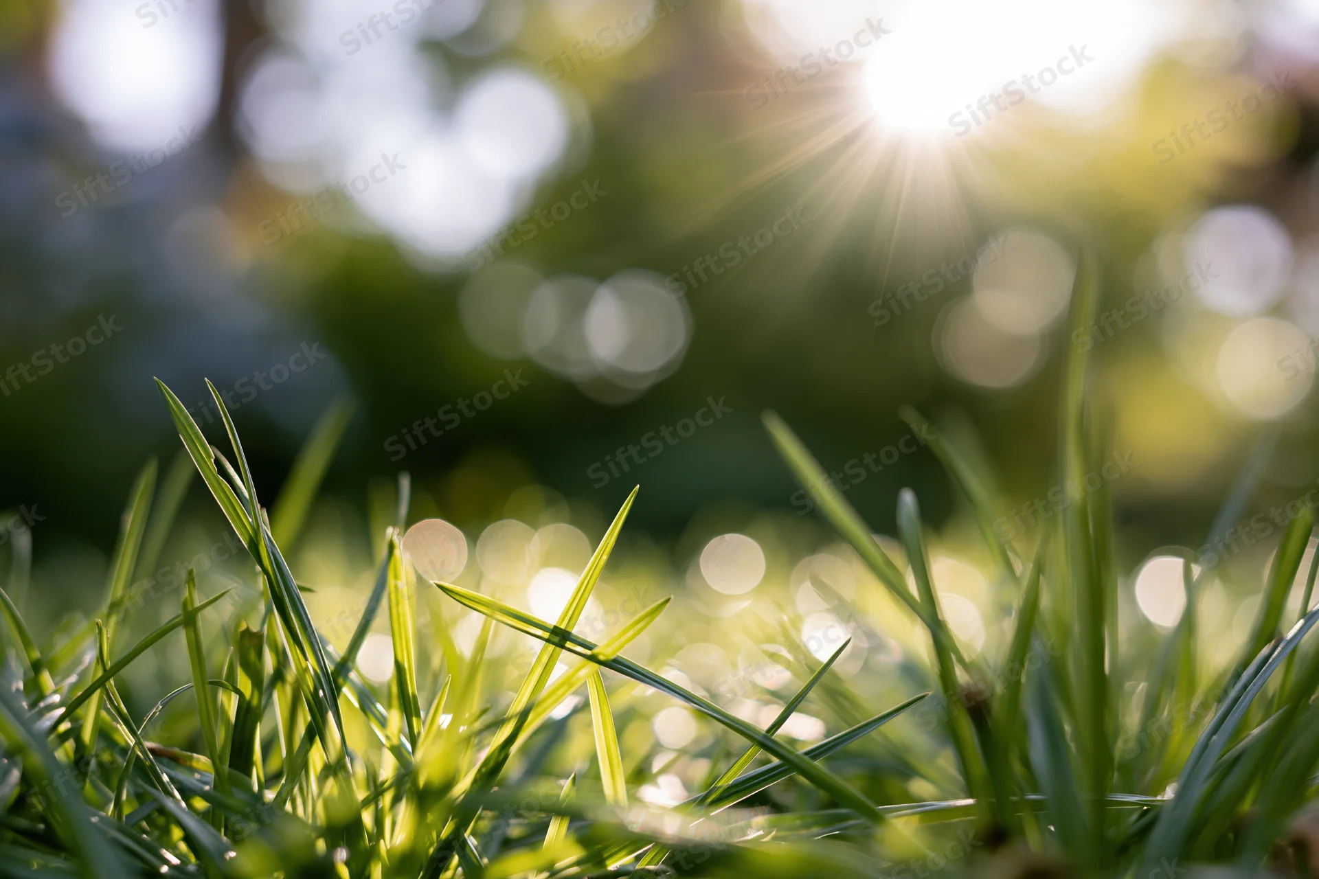 Close-up of green grass blades in sunlight with blurred background and sun flare